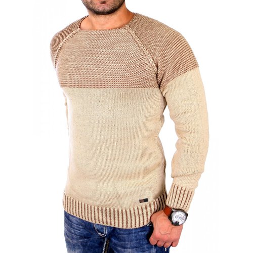 Reslad Strickpullover Herren Two Tone Rundhals Pullover Grobstrick RS-16081