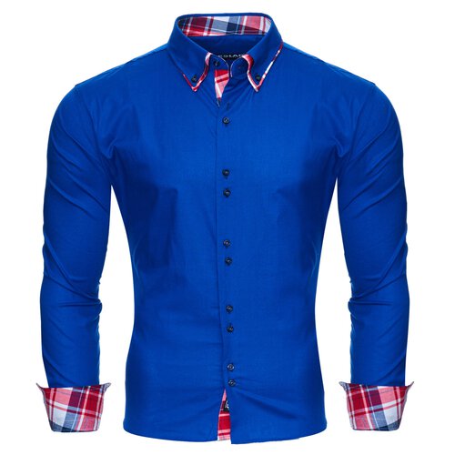 Reslad Herren Hemd Button-Down Slim Fit Kontrast Langarmhemd RS-7015 Blau M