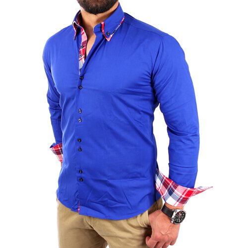 Reslad Herren Hemd Button-Down Slim Fit Kontrast Langarmhemd RS-7015 Blau 2XL