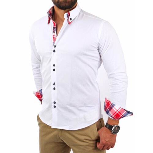 Reslad Herren Hemd Button-Down Slim Fit Kontrast Langarmhemd RS-7015 Weiß 2XL