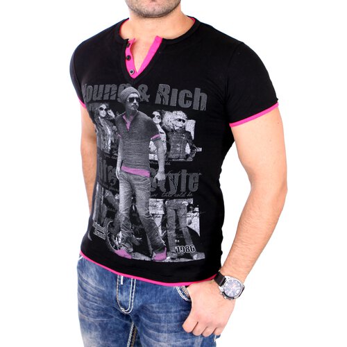 Young & Rich Herren T-Shirt Club Layer Style Kurzarm Shirt YR-1081 Schwarz-Pink XL
