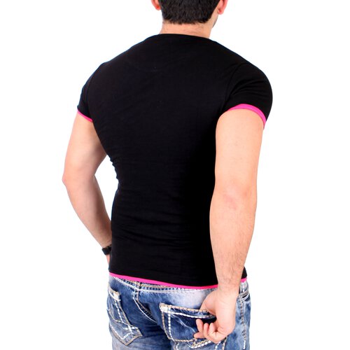 Young & Rich Herren T-Shirt Club Layer Style Kurzarm Shirt YR-1081 Schwarz-Pink XL