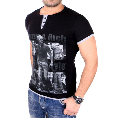 Young & Rich Herren T-Shirt Club Layer Style Kurzarm Shirt YR-1081 Schwarz-Grau S