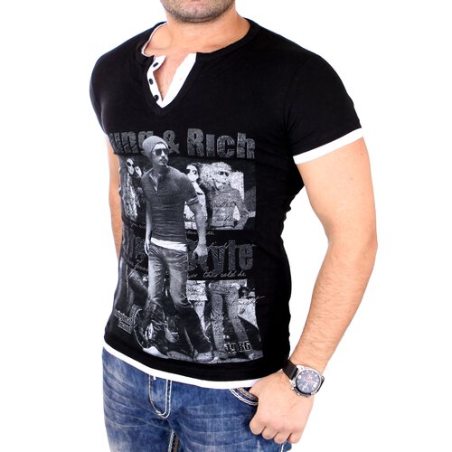Young & Rich Herren T-Shirt Club Layer Style Kurzarm Shirt YR-1081 Schwarz-Wei S