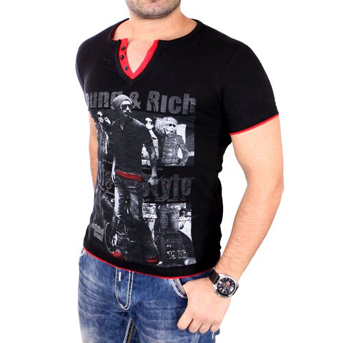 Young & Rich Herren T-Shirt Club Layer Style Kurzarm Shirt YR-1081 Schwarz-Rot S