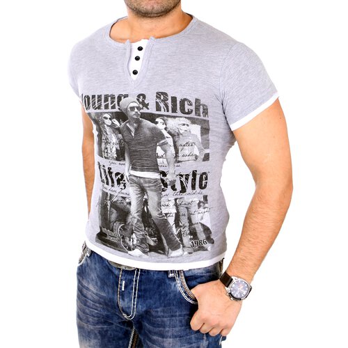 Young & Rich Herren T-Shirt Club Layer Style Kurzarm Shirt YR-1081 Grau-Wei L