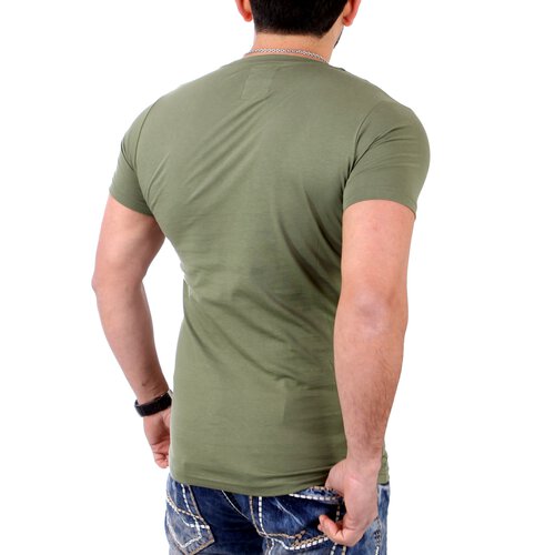 Reslad T-Shirt Herren Material Mix Zipper Style Kurzarm Shirt RS-20209 Khaki S