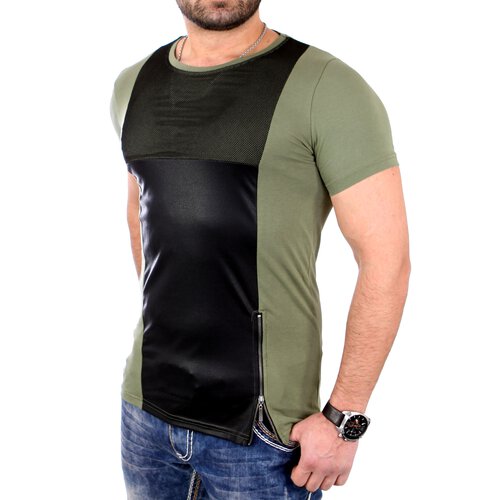 Reslad T-Shirt Herren Material Mix Zipper Style Kurzarm Shirt RS-20209 Khaki L