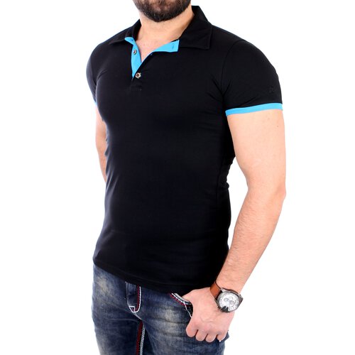 Reslad T-Shirt Herren Basic Kontrast Polokragen Shirt RS-5099 Schwarz-Trkis XL