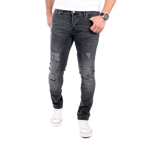 Reslad Jeans Herren Destroyed Look Slim Fit Denim Strech Jeans-Hose RS-2062 Schwarz W34 / L30