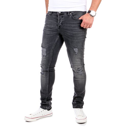 Reslad Jeans Herren Destroyed Look Slim Fit Denim Strech Jeans-Hose RS-2062 Schwarz W38 / L30
