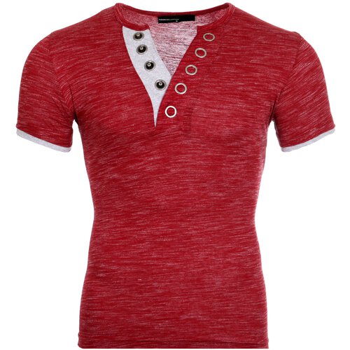 Reslad T-Shirt Herren Melange Basic Big Button V-Neck Kurzarm-Shirt RS-5002 Rot L