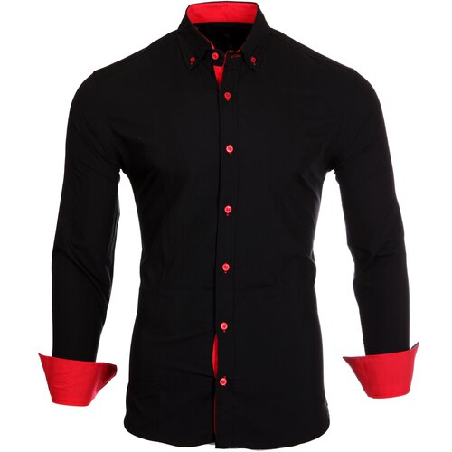 Reslad Herren Hemd Kontrast Look Button-Down-Kragen Langarmhemd RS-7055 Schwarz-Rot S
