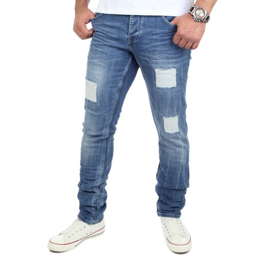 Reslad Jeans-Herren Destroyed Look Slim Fit Stretch Denim Jeans-Hose RS-2072 Blau W34 / L32
