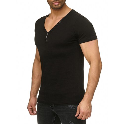 Reslad T-Shirt Herren V-Neck Buttoned Basic Uni Kurzarm-Shirt V-Ausschnitt RS-5010
