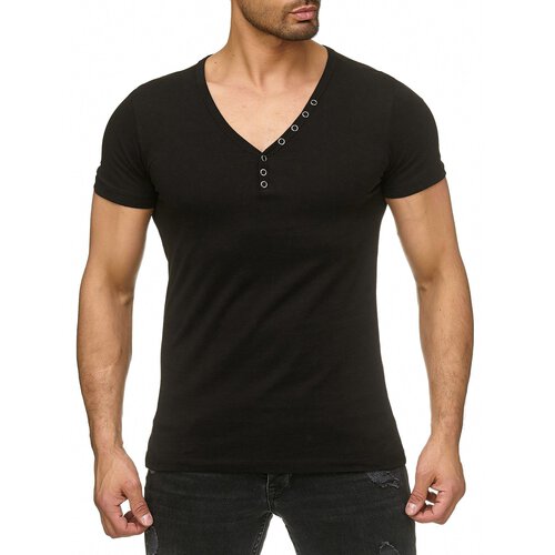 Reslad T-Shirt Herren V-Neck Buttoned Basic Look Uni Kurzarm Shirt RS-5010 Schwarz L