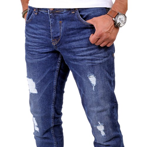 Reslad Jeans Herren Destroyed Look Slim Fit Denim Stretch Jeans-Hose RS-2062 Blau W29 / L32