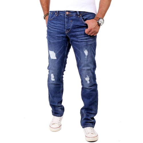 Reslad Jeans Herren Destroyed Look Slim Fit Denim Stretch Jeans-Hose RS-2062 Blau W31 / L34