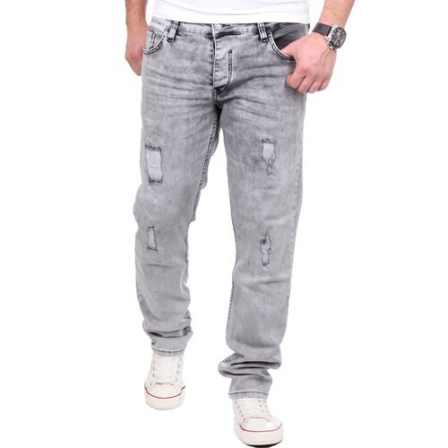 Reslad Jeans Herren Destroyed Look Slim Fit Denim Stretch Jeans-Hose RS-2062 Grau W32 / L36