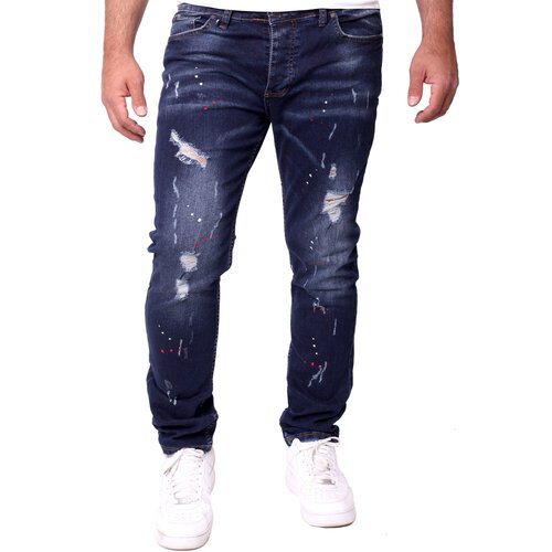 Reslad Jeans Herren Color-Splashes Stretch Denim Destroyed Jeanshose Mnner-Hose Slim Fit RS-2101 Dunkelblau W29 / L32