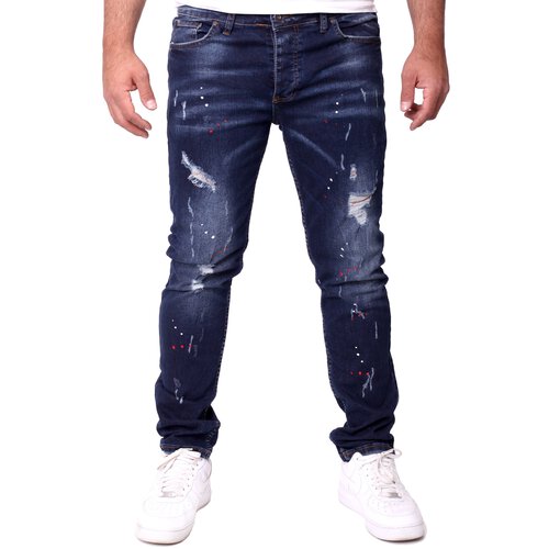Reslad Jeans Herren Color-Splashes Stretch Denim Destroyed Jeanshose Mnner-Hose Slim Fit RS-2101 Dunkelblau W30 / L32